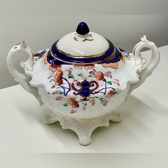 19th Century Antique Gaudy Welsh Urn Variant Footed Lidded Sugar Bowl - Picture 4 of 16